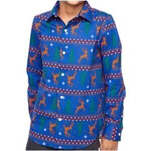 North Pole Reindeer Print Shirt Christmas Long Sleeve Button Down Blue Holiday